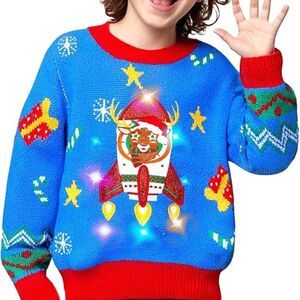 Light up ugly Christmas sweater Blue rocket NWT Unisex 5-14 years kids